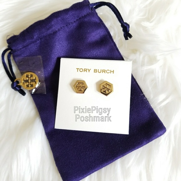 Tory Burch Hex Logo Gold Stud Earrings +Dust Bag - Picture 2 of 6